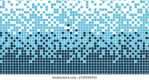 Verpixelte Farbverlauf Übergang von blau zu weiß, zeigt ein digitales Kunstwerk mit einem modernen ästhetischen und abstrakten visuellen Effekt, Geometrisches Muster von verstreuten blauen Quadraten in einem modernen abstrakten Design von direkt oben betrachtet, Eine verpixelte Wellenmuster-Illustration mit geometrischen Formen in verschiedenen Schattierungen des blauen Farbverlaufs, aus einer einfachen Perspektive betrachtet