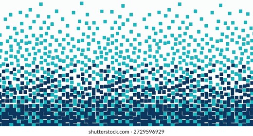 Pixelated gradient transitioning from blue to white, showcasing a digital art piece with a modern aesthetic and abstract visual effect, Geometric pattern of scattered blue squares in a modern abstract design viewed from directly above, A pixelated wave pattern illustration with geometric shapes in various shades of blue gradient, viewed from a straightforward perspective