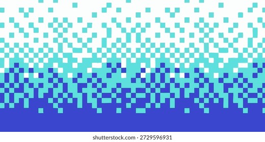 Pixelated gradient transitioning from blue to white, showcasing a digital art piece with a modern aesthetic and abstract visual effect, Geometric pattern of scattered blue squares in a modern abstract design viewed from directly above, A pixelated wave pattern illustration with geometric shapes in various shades of blue gradient, viewed from a straightforward perspective