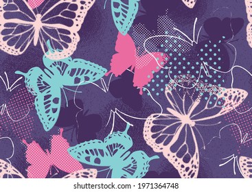 Pixelated graffiti butterflies in a pretty color pallet for girls. Seamless vector patterns are great for backgrounds, wallpaper, and surface designs.