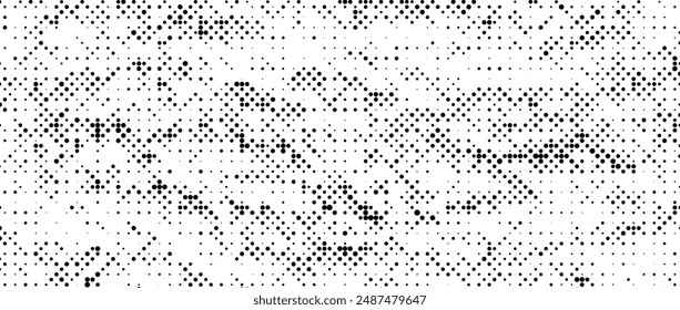 Pixelated grain texture bitmap. Abstract dotted glitchy pattern. Dither grunge background. Video game screen wallpaper. Retro pixel art backdrop. Comic cartoon halftone overlay. Dust speckles vector