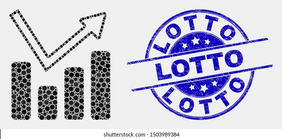 Pixelated graph chart mosaic icon and Lotto seal stamp. Blue vector rounded scratched stamp with Lotto phrase. Vector collage in flat style. Black isolated graph chart mosaic of randomized spheres,