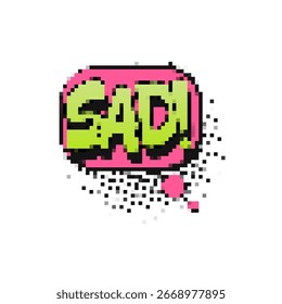 Um gráfico pixelizado em estilo mosaico com a palavra "triste" em expressão cômica com cores brilhantes.