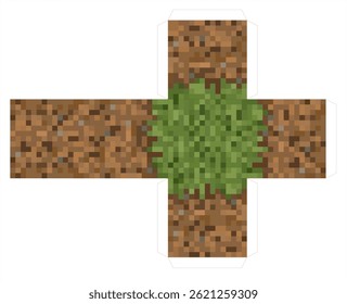 Modelo de rede de cubo de grama pixelada para criar um bloco de papel 3D. Inspirado por um mundo de construção de sandbox. Imprimir, cortar e dobrar para decoração em estilo pixel. Fundo transparente.