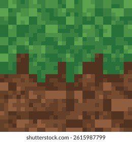 Pixelated Grass and Dirt Terrain Texture. Retro-style pixel art showing a block of grass and soil, perfect for platform games, digital art