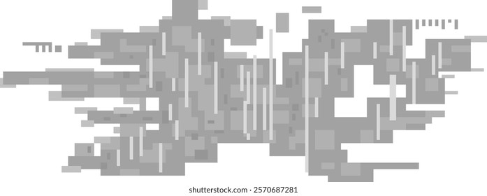 Pixelated gray and white blocks combined with vertical lines create a dynamic abstract composition, evoking feelings of movement, speed, and technological innovation