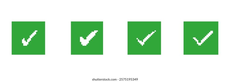 Pixelated Green Check Mark Icons Set in Square Shape. Approval or Success Symbols Collection. Validation and Confirmation Sign. Isolated Vector Illustration.