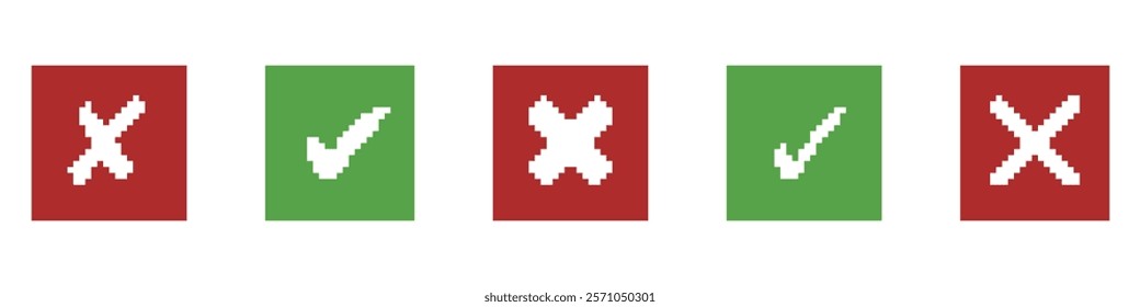 Pixelated Green Check Marks and Red X icons Set in Squares. Approval and Error Sign Collection for Retro UI Design. Success and Failure Sign. Isolated Vector Illustration.