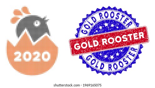 Pixelated halftone 2020 hatch chick icon, and Gold Rooster unclean watermark. Gold Rooster stamp seal uses bicolor rosette template, red and blue colors.