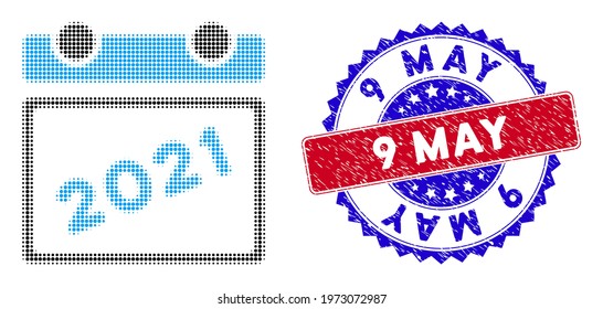 Pixelated halftone 2021 calendar leaf icon, and 9 May grunge stamp. 9 May stamp seal uses bicolor rosette form, red and blue colors.