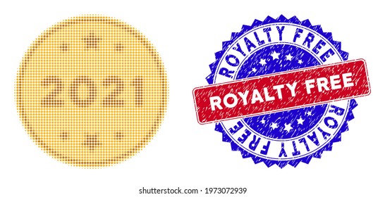 Pixelated halftone 2021 gold coin icon, and Royalty Free rubber seal. Royalty Free stamp seal uses bicolor rosette shape, red and blue colors.