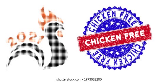 Pixelated halftone 2021 rooster tail icon, and Chicken Free grunge stamp print. Chicken Free stamp uses bicolor rosette form, red and blue colors.