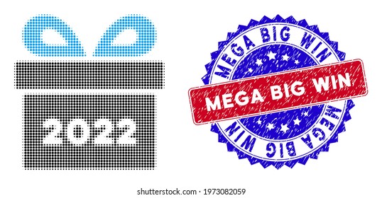 Pixelated halftone 2022 gift icon, and Mega Big Win rough rubber seal. Mega Big Win stamp seal uses bicolor rosette shape, red and blue colors.