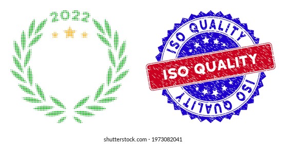 Pixelated halftone 2022 laurel wreath icon, and ISO Quality grunge watermark. ISO Quality watermark uses bicolor rosette form, red and blue colors.