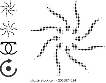 Pixelated halftone anticyclone rotation arrows icon, and other icons. Vector halftone pattern of anticyclone rotation arrows icon constructed of circle elements.