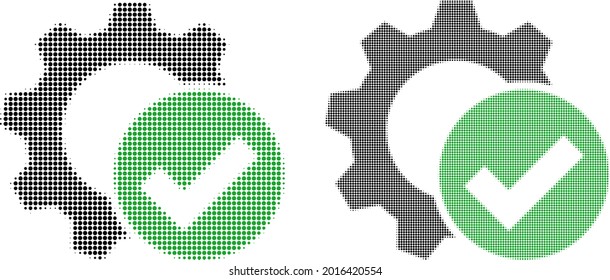 Pixelated halftone apply settings gear icon. Vector halftone concept of apply settings gear icon designed of spheric elements.
