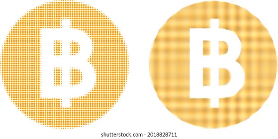 Icono de la moneda de media tonalidad pixelada. Composición vectorial de medio tono del icono de la moneda de bitcoin formado por elementos redondos.