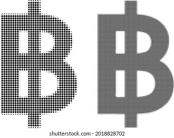 Pixelated halftone bitcoin currency icon. Vector halftone composition of bitcoin currency icon made of round items.