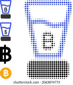 Pixelated halftone bitcoin mixer icon, and source icons. Vector halftone pattern of bitcoin mixer icon made with spheric items.