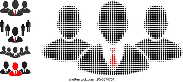 Pixelated halftone boss group icon, and other icons. Vector halftone composition of boss group symbol composed of spheric pixels.
