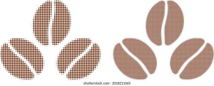 Icono de frijol de cacao de medio tono pixelado. Mosaico vectorial medio tono de alubias de cacao organizado de objetos redondos.