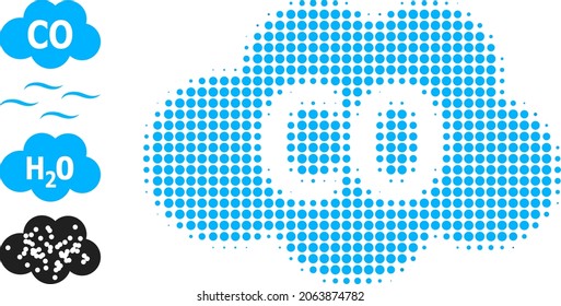 Pixelated halftone carbon monoxide icon, and other icons. Vector halftone composition of carbon monoxide icon created of spheric items.