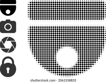 Pixelated halftone CCTV camera icon, and source icons. Vector halftone concept of CCTV camera icon combined of round items.