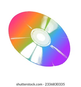 Pixelated halftone CD disc. Vector trendy y2k of laser disc icon formed of spheric elements in rainbow colors.