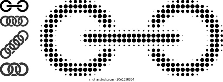 Pixelated halftone chain link icon, and source icons. Vector halftone composition of chain link icon constructed of spheric pixels.