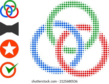 Pixelated halftone circle links knot icon, and additional icons. Vector halftone concept of circle links knot icon created of spheric elements.