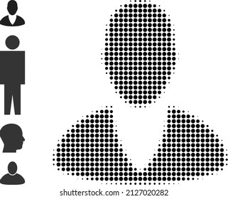 Pixelated Halftone-Clientprofil Symbol und andere Symbole. Vektor-Halftone-Zusammensetzung des Klienten-Profil-Symbol aus sphärischen Pixeln.