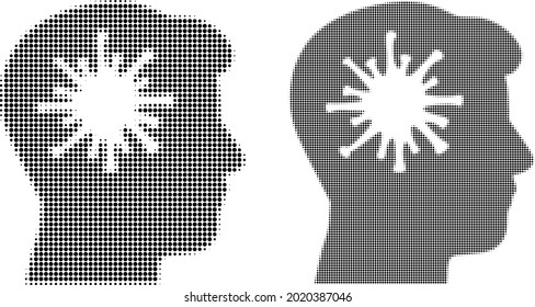 Pixelated halftone coronavirus brain icon. Vector halftone composition of coronavirus brain icon formed of round pixels.