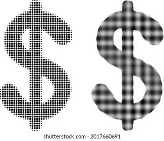 Icono de la moneda de medio tono pixelado. Collage vectorial de medio tono del icono de la moneda del dólar combinado de puntos redondos.