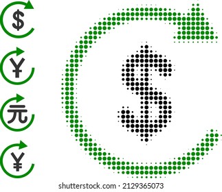 Icono de pago de medio tono de pixelado y iconos de bonificación. Composición vectorial de media tonalidad del icono de amortización en dólares hecho de elementos redondos.