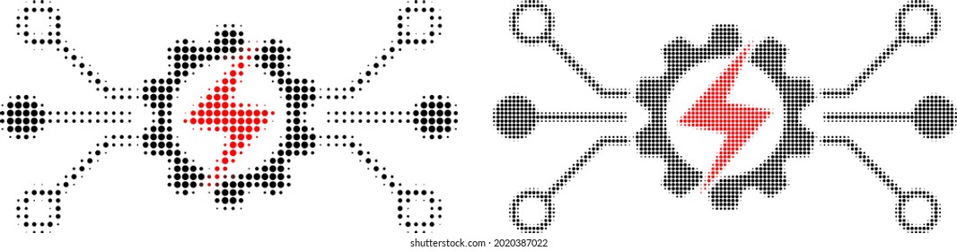Pixelated halftone energy hitech icon. Vector halftone mosaic of energy hitech icon done of spheric elements.