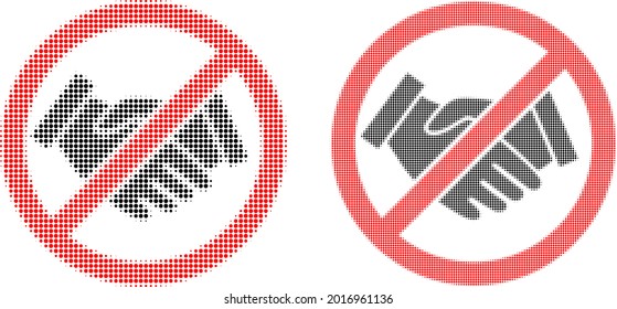Pixelated halftone forbidden handshake icon. Vector halftone collage of forbidden handshake icon designed of spheric elements.