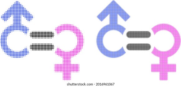 Das Symbol für die Beziehungen des Pixelhalftongeschlechts. Vektorhalftonkomposition der Geschlechter Relation Symbol-Symbol aus sphärischen Punkten organisiert.