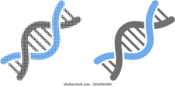 Das Symbol des Genmoleküls aus der Halftone. Vektorhalftonmosaik des genetischen Moleküls Symbol, organisiert von sphärischen Gegenständen.