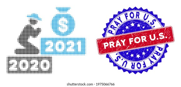 Pixelated halftone gentleman pray for money 2021 icon, and Pray for U.S. rubber seal. Pray for U.S. stamp seal uses bicolor rosette form, red and blue colors.