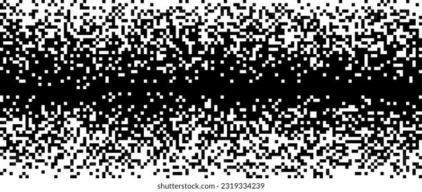 Pixelated halftone gradient texture. Black and white fading pixel noise texture. Dissolving wallpaper. Vector horizontal background