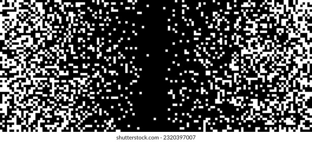 Pixelated halftone gradient texture. Fading pixel noise texture. Dissolving black and white wallpaper. Vector 8 bit horizontal background