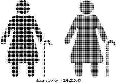 Pixelated halftone grandmother icon. Vector halftone concept of grandmother icon designed of circle points.