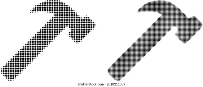 Icono de herramienta de martillo de medio tono pixelado. Patrón de semitono vectorial del icono de herramienta martillo compuesto de píxeles esféricos.