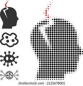 Pixelated halftone headache icon, and original icons. Vector halftone collage of headache icon designed from round pixels.