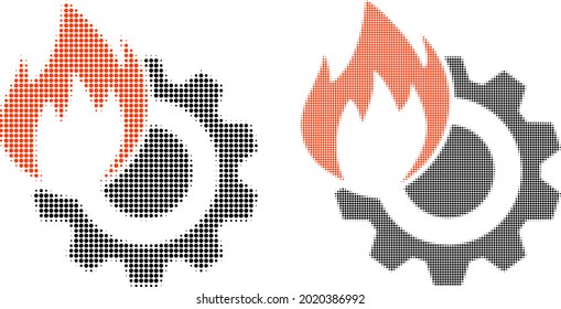 Pixelated halftone hot gear icon. Vector halftone collage of hot gear icon organized of round dots.