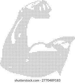 A pixelated halftone illustration of a flexing arm showing muscle definition rendered in monochrome bitmap style with dither pattern. This black and white retro graphic features a dot art technique ideal for vintage-inspired fitness strength and workout-themed d...