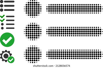 Pixelated halftone list items icon, and original icons. Vector halftone pattern of list items icon designed of circle points.