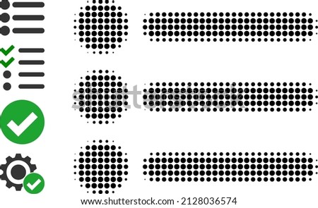 Pixelated halftone list items icon, and original icons. Vector halftone pattern of list items icon designed of circle points.