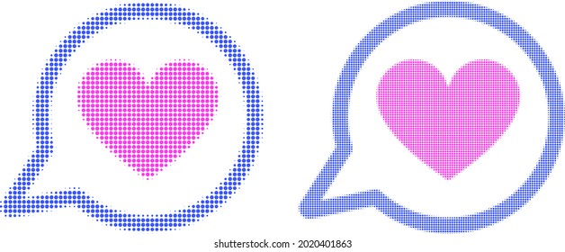 Pixelated halftone love message icon. Vector halftone concept of love message icon composed of spheric dots.