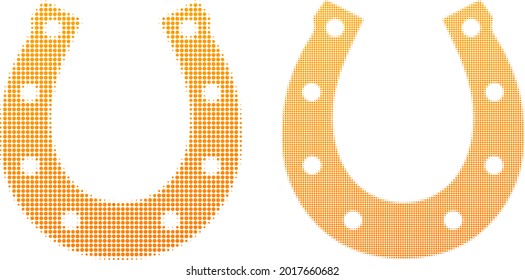 Pixelated halftone lucky horseshoe icon. Vector halftone concept of lucky horseshoe icon composed of round points.